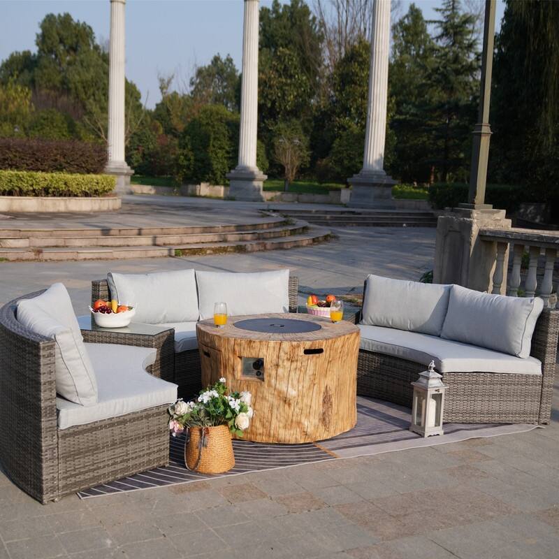 9-piece Halfmoon Patio Sectional Sofa Set with Fire Pit Table