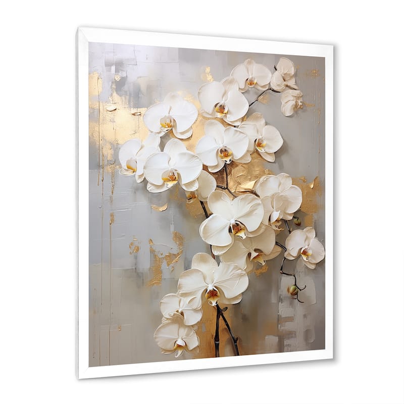 Designart "Minimalism Beige And Gold Orchids IV" Orchids Framed Canvas Art Print