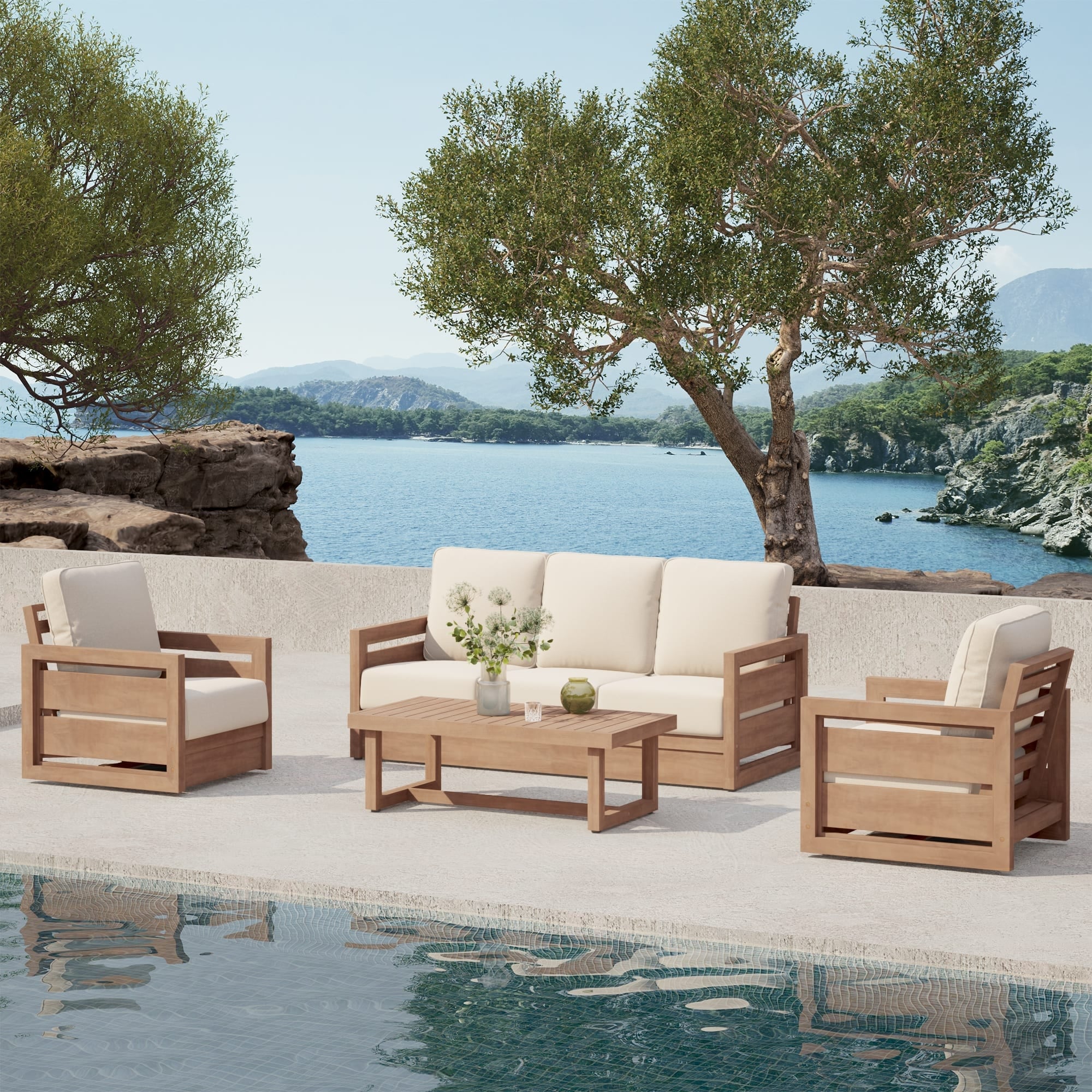 Outdoor 4-Piece Conversation Set Acacia Wood 3-Seater Sofa and Swivel Chair with Coffee Table