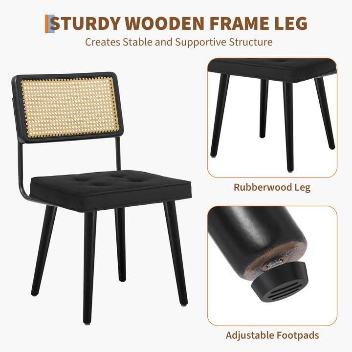 Mid-Century Modern Upholstered Dining Chair with Checkered Hollow Rattan Backrest and Padded Cushion