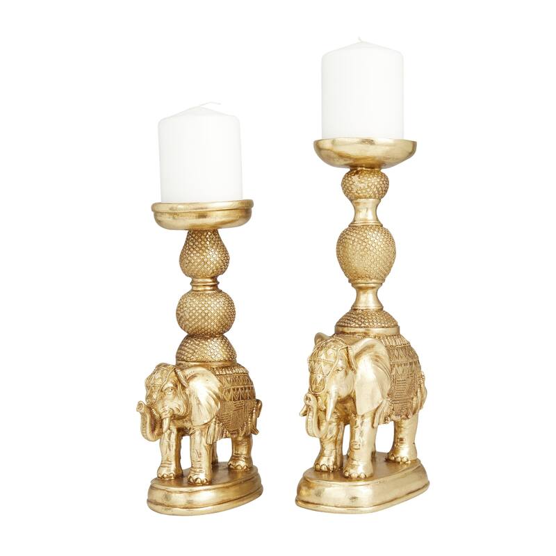 Polystone Elephant Candle Holder with White Wash Finish - Set of 2 - Roche River Decor - Gold