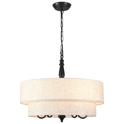 21.25-inch 5-light elegant retro metal chandelier with double-layer fabric lampshade and adjustable height