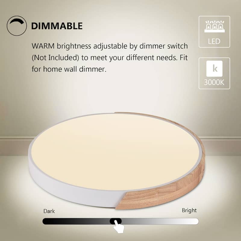 Modern Dimmable Round Wood Dome Integrated LED 3000K Flush Mount Ceiling Light