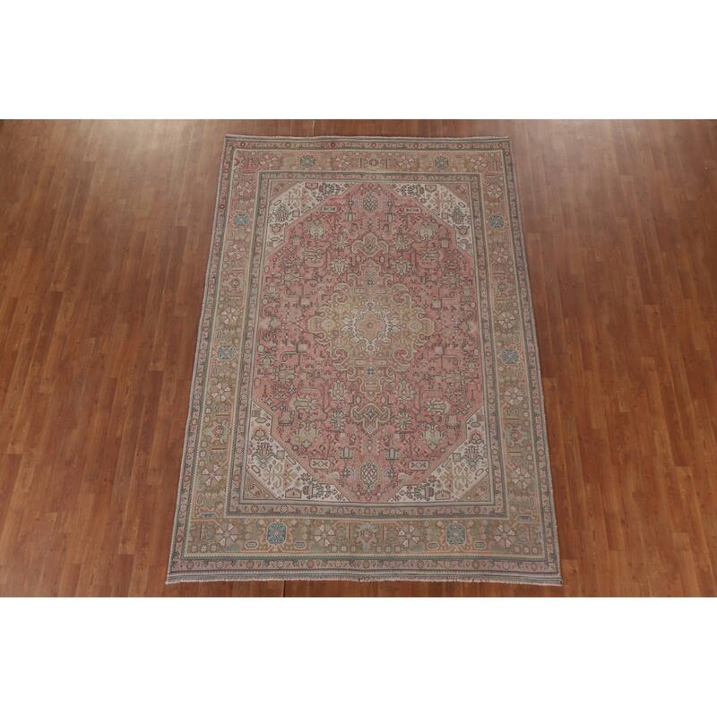 Hand Knotted Oriental 100% Wool Carpet Traditional Medallion Pink Tabriz Area Rug - 9' 4'' X 6' 5''