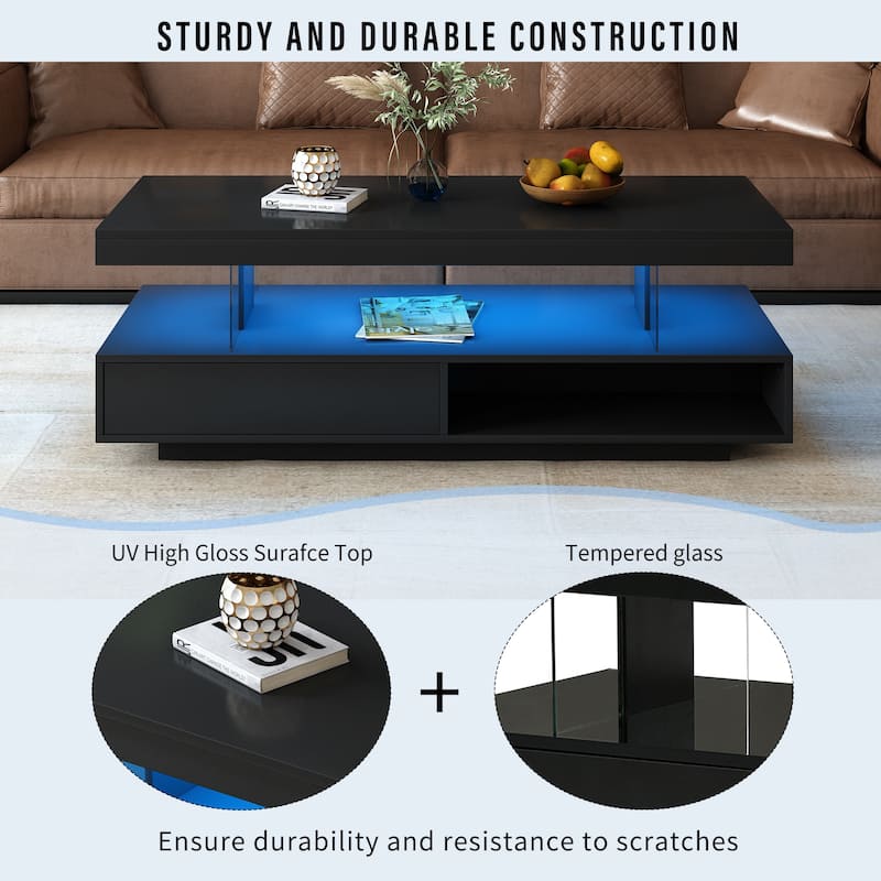 51.2'' LED Coffee Table with 2 Drawers and Shelves, Modern High Gloss Center Table with Storage for Living Room