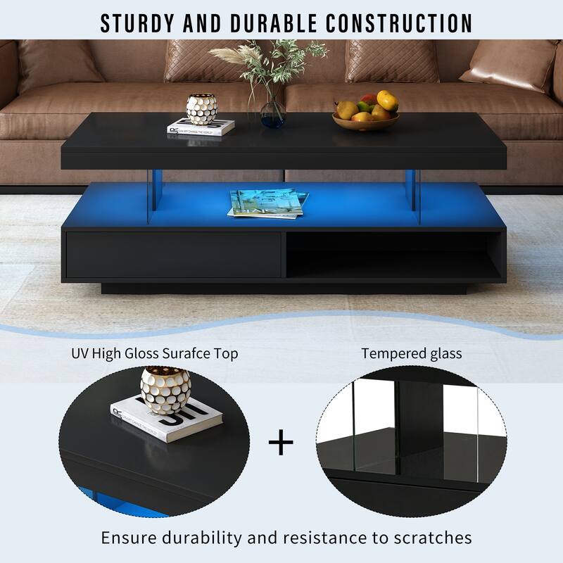Living Room Console Table Accent Table Center Table with 2 Drawers and LED Lights Coffee Table Dining Table,Black
