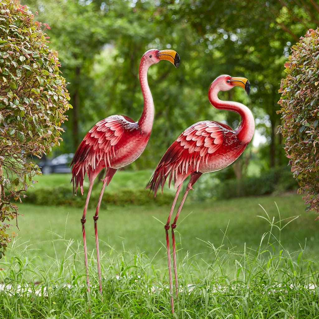 Glitzhome Metal Standing Crane Flamingo Garden Statue with Stakes Yard Art Sculpture Porch Decor