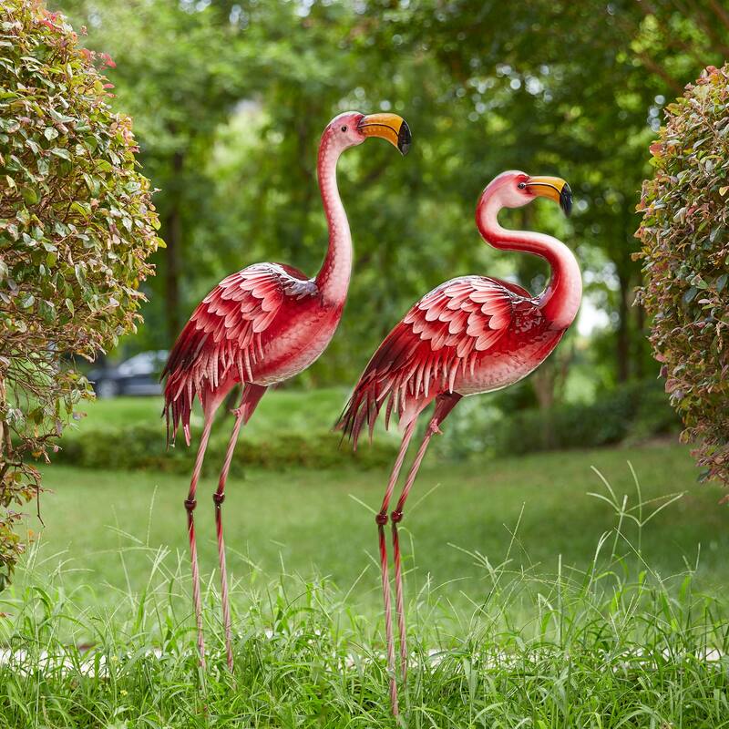 Glitzhome Metal Standing Crane Flamingo Garden Statue with Stakes Yard Art Sculpture Porch Decor