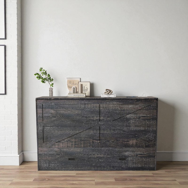 57" Murphy Bed with Storage Drawers, Charging Cabinet, Foldable Panels & Lockable Wheels, Full Size Wall Bed for Guest Room - Carbon Black - Full