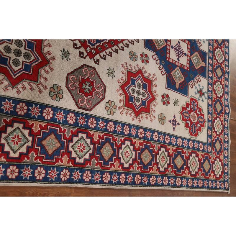 Hand Knotted Oriental 100% Wool Carpet Traditional Geometric Beige & Ivories Kazak Area Rug - 9' 7'' X 6' 7''