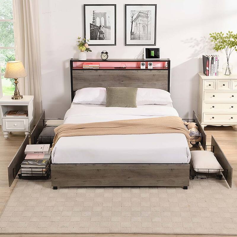 Metal Bed with Advanced Features for Supreme Comfort and Storage Enhancement - Black+Antique Gray-Full Size