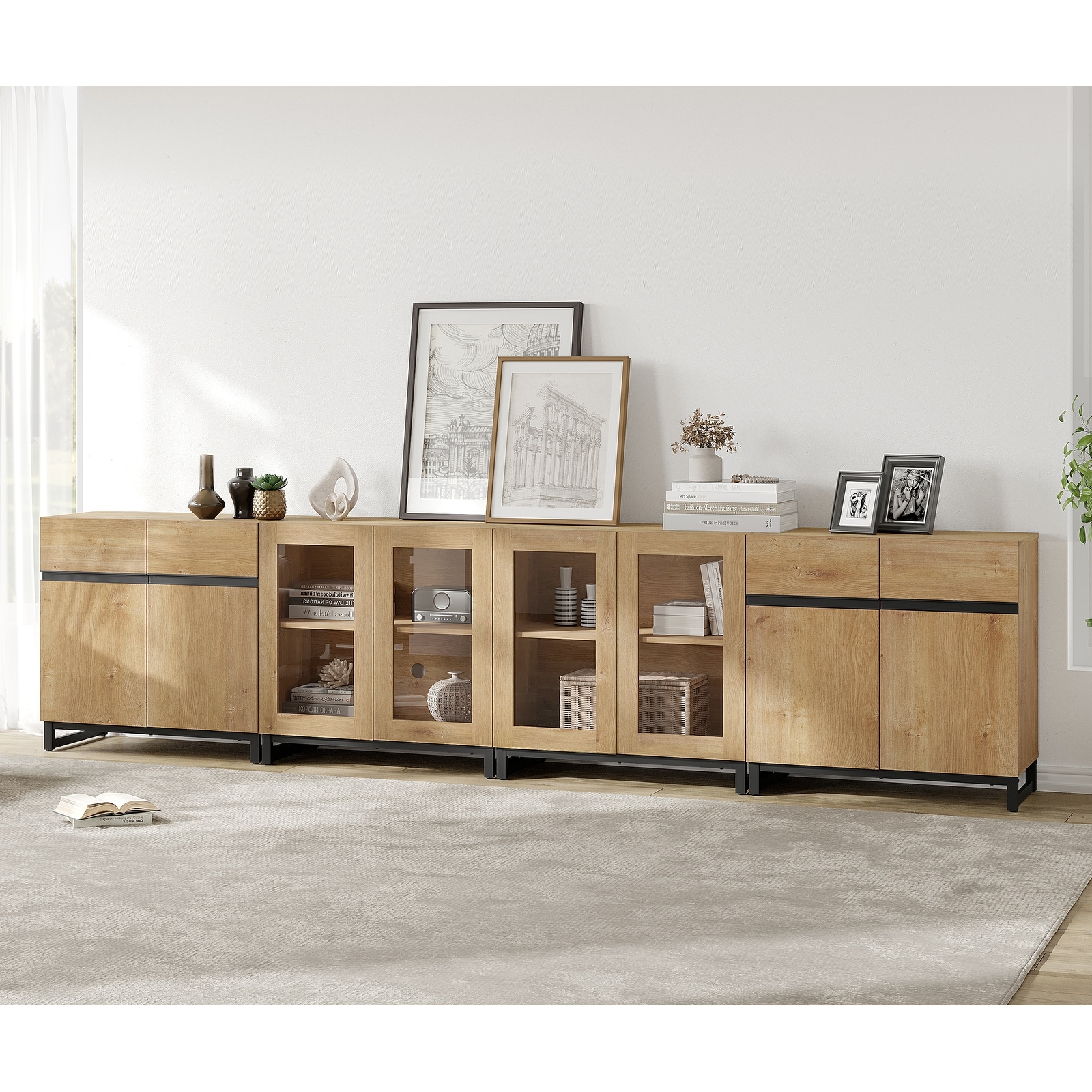 Modern Dresser with Adjustable Shelves, 4 in 1 Chest with Glass Doors, Closet Organizers and Storage Cabinet for Bedroom