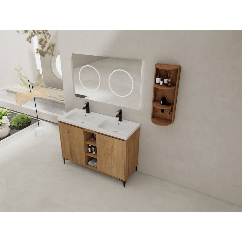 48" Freestanding Bathroom Vanity With Double Sink and Storage Rack, Soft Close Doors