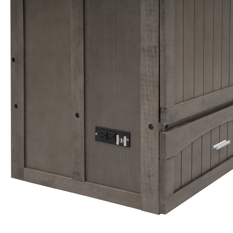 Antique Grey Queen Murphy Bed with USB Charging & Storage Drawer, Space-Saving Wall Bed