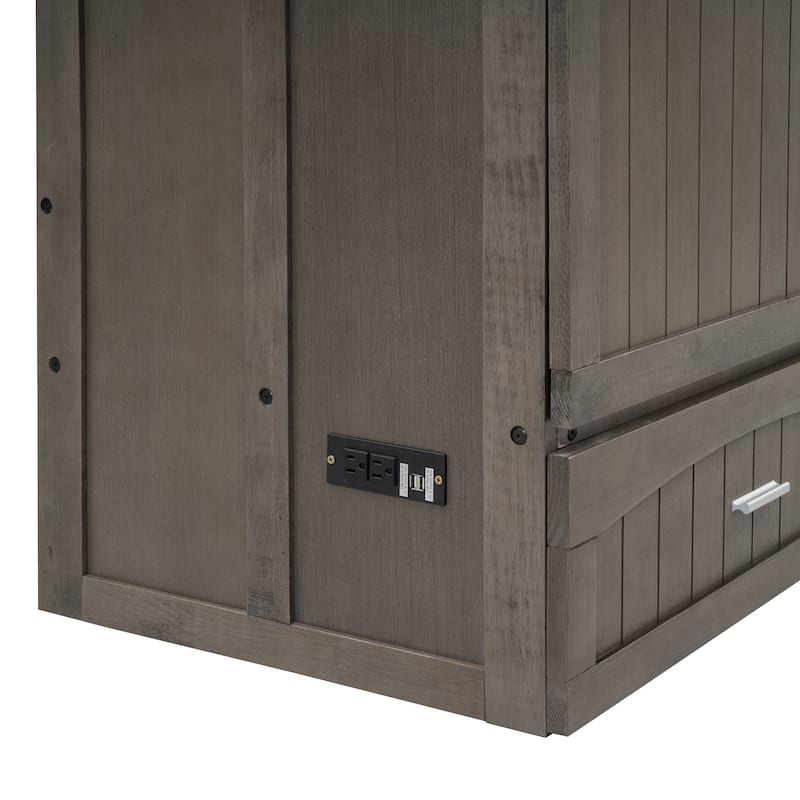 Grey Antique Queen Murphy Bed in Pine Wood with Charging Station and Storage Drawer