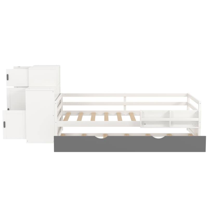 Multifunctional Twin Platform Bed with Trundle, Bookshelf, and Movable Wardrobe - Ideal for Small Spaces
