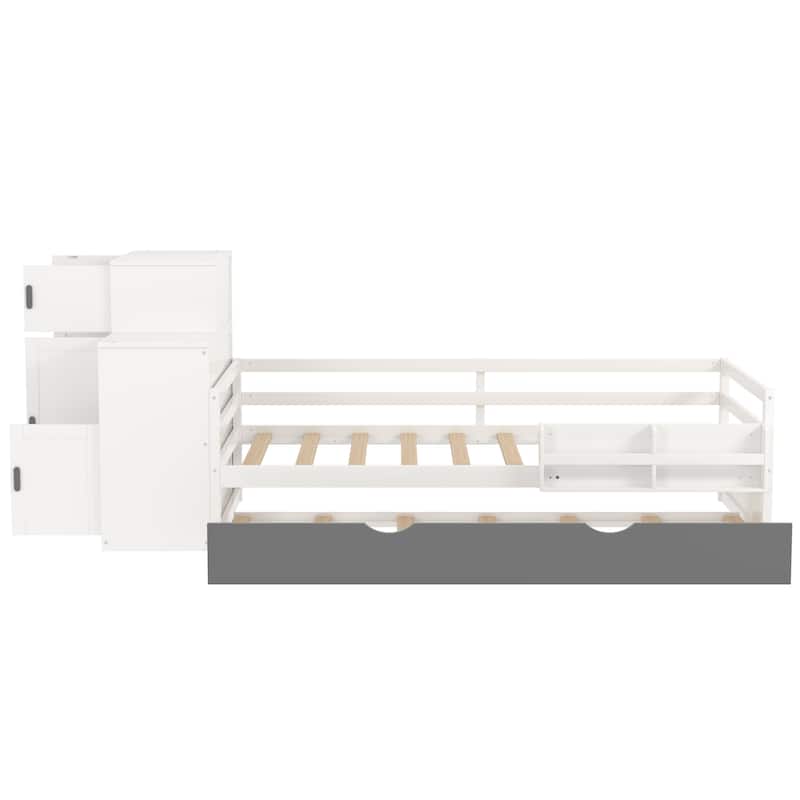 Twin Size Wood Platform Bed with Sample Bookshelf and Movable Wardrobe, Multifunctional Bed with Built-in Trundle Bed, White