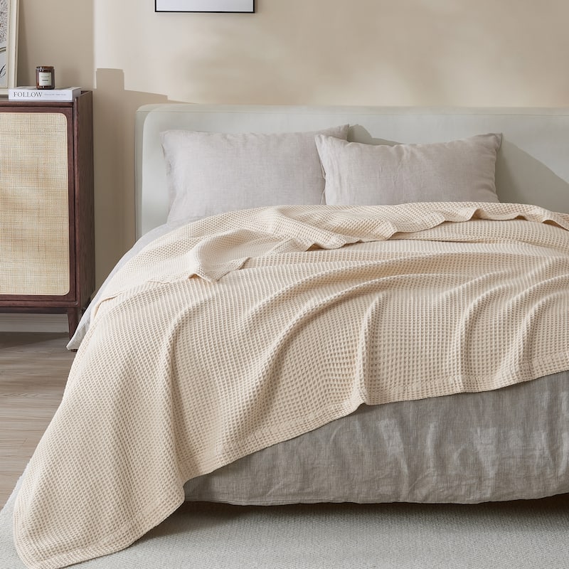 Linery & Co. 100% Cotton All-Season Lightweight Waffle Weave Knit Throw Blanket - King - Oatmeal