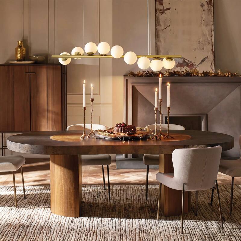 9-Light Modern Linear Cluster Frosted Glass Globe Chandelier in Gold Finish, Dining Room Light