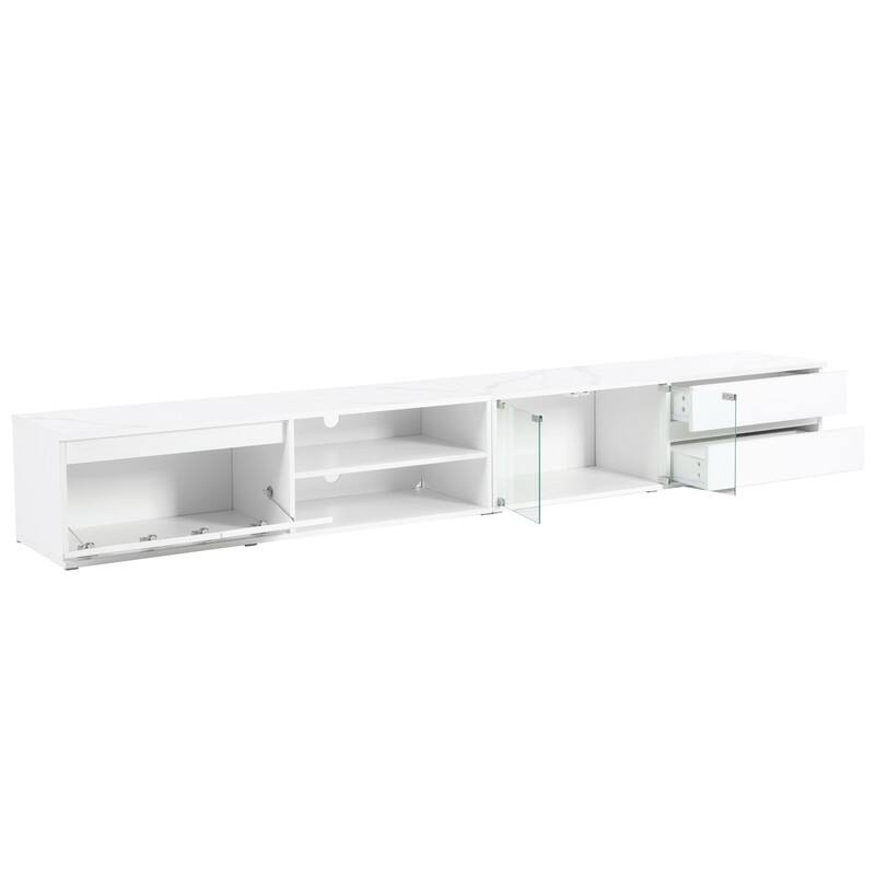 Modern 105" App-Controlled LED TV Stand with Faux Marble Top & Glass Doors