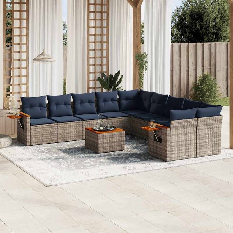 vidaXL 11 Piece Patio Sofa Set with Cushions Grey Poly Rattan (US only) - 113.8x33.5x113.8