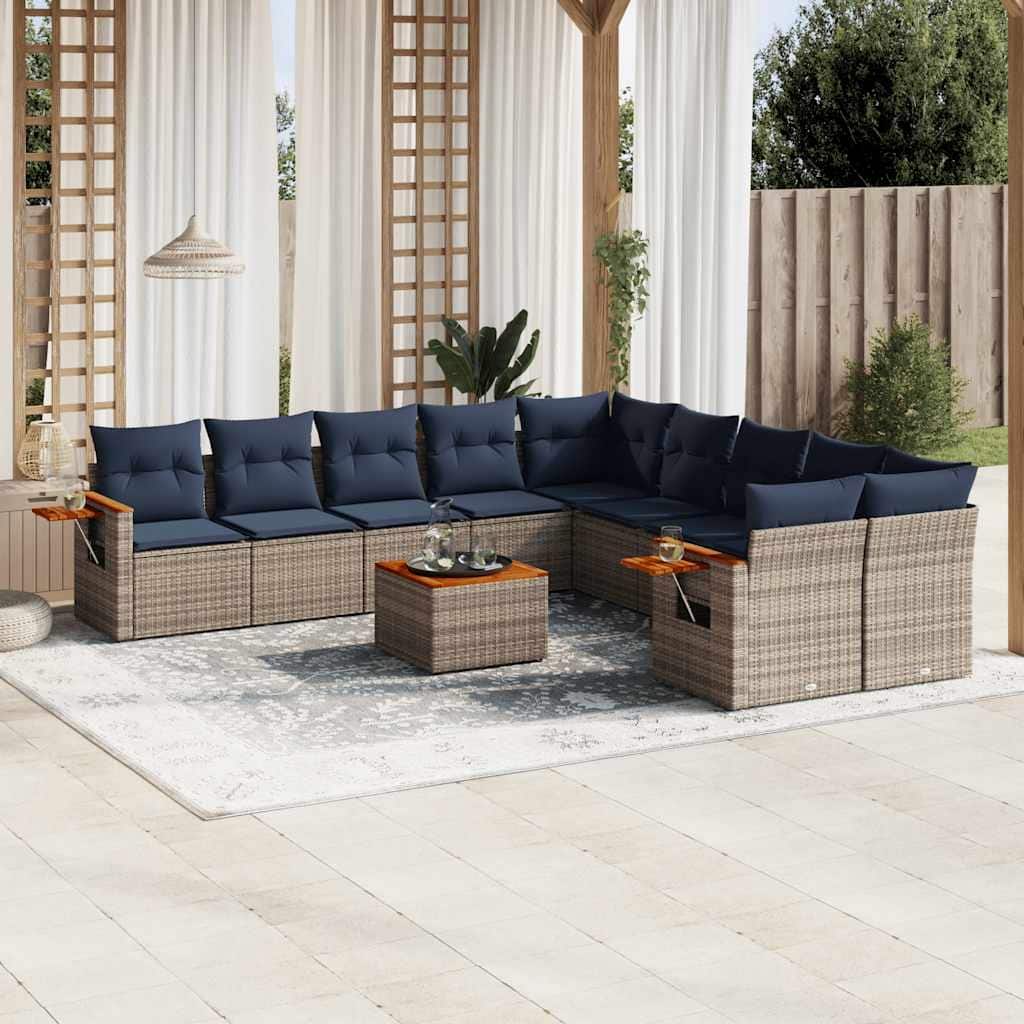 vidaXL 11 Piece Patio Sofa Set with Cushions Grey Poly Rattan (US only) - 113.8x33.5x113.8
