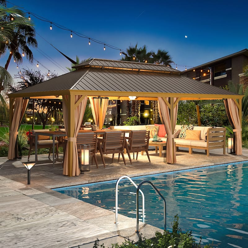 Outdoor Galvanized Steel Roof Gazebo Pergola w Wooden Coated Alumninum Frame, Privacy Curtains and Nettings Include - 14'x22' - Rain Gutter
