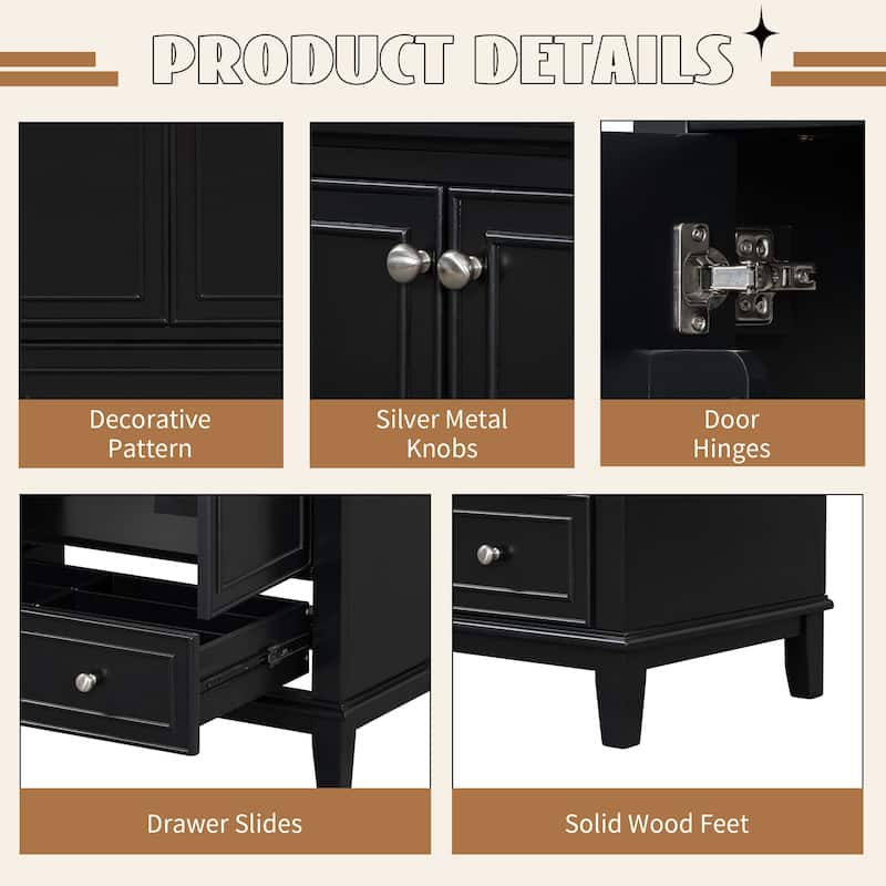 30" Bathroom Vanity Cabinet with Ceramic Sink Combo, Black - 30 Inch