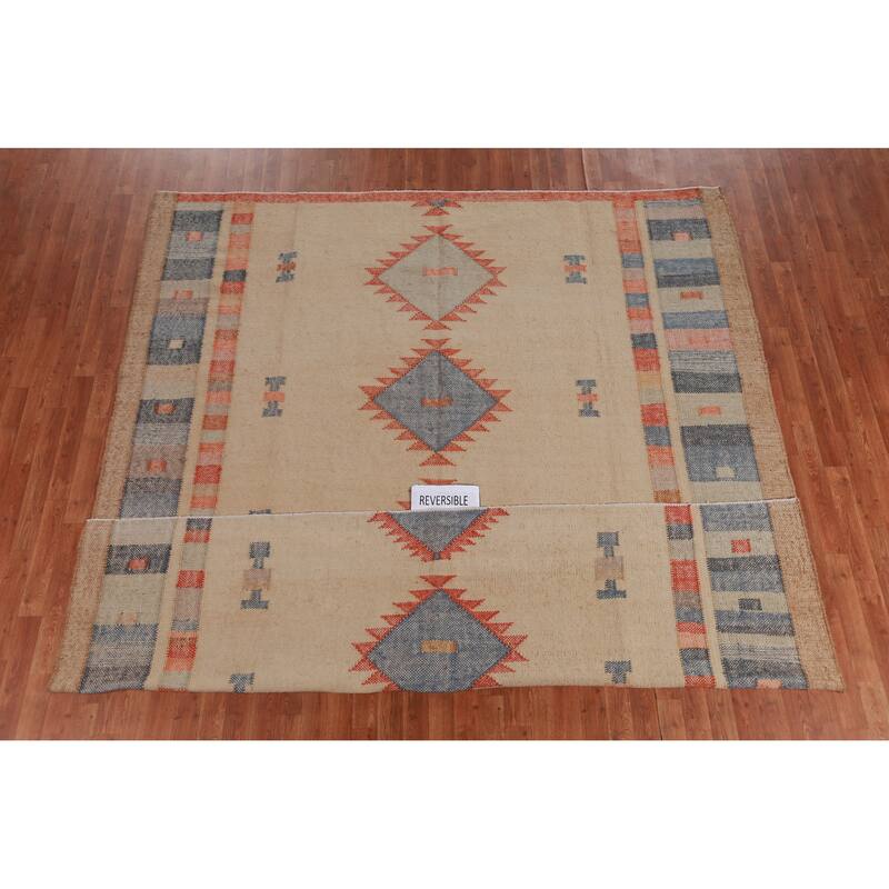 Hand Woven Oriental 100% Jute Carpet Southwestern Modern Beige & Ivories Kilim Area Rug - 9' 8'' X 8' 6''