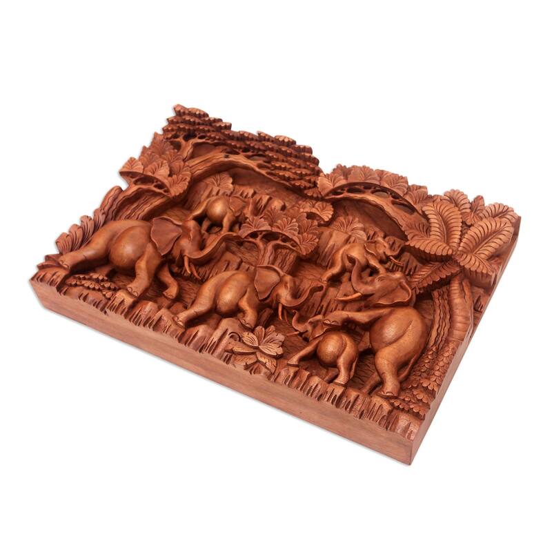 Novica Handmade Elephant Life Wood Relief Panel