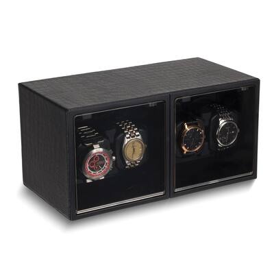 Curata Black Faux Leather with Acrylic Windows Wood Composite 4-Watch Winder (Ac Or Batteries)