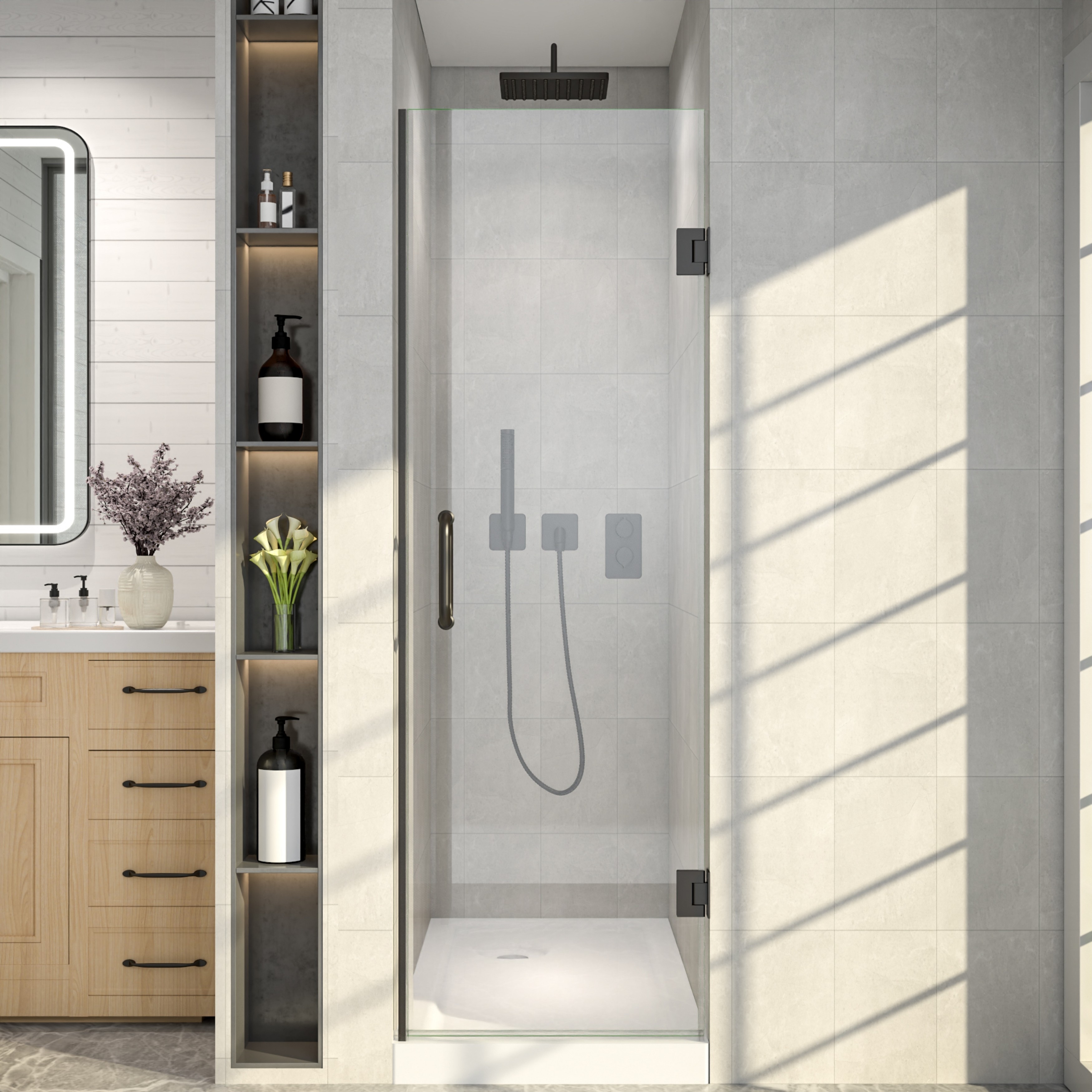 24 in. W x 72 in. H Frameless Hinged Shower Door with 3/8" Clear Tempered Glass in Matte Black / Chrome