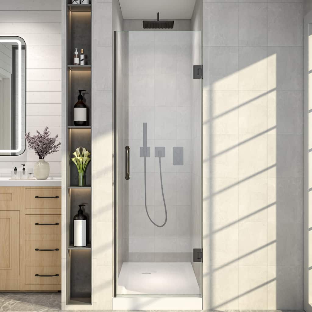 28 in. W x 72 in. H Frameless Hinged Shower Door with 3/8" Clear Tempered Glass and Stainless Steel Handle in Matte Black