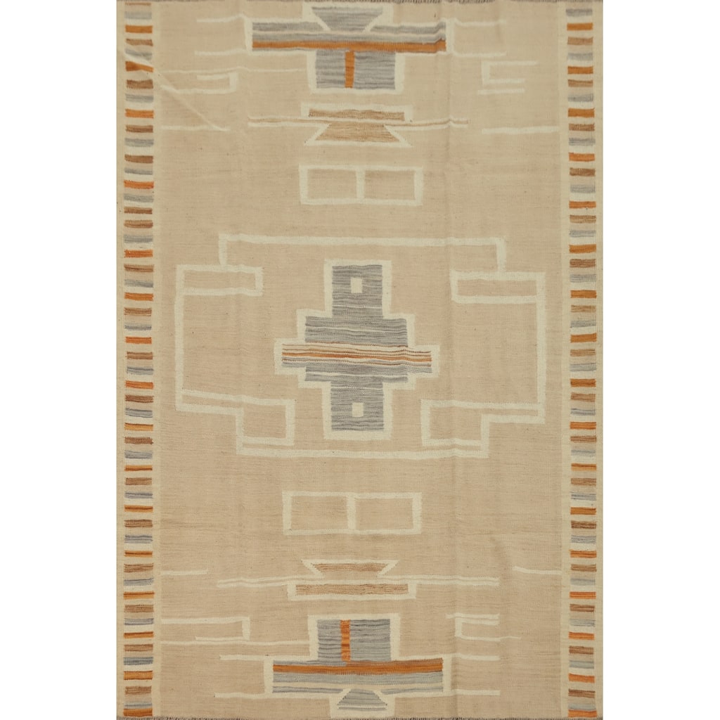 Hand Woven Oriental 100% Wool Carpet Southwestern Tribal Beige & Ivories Kilim Area Rug - 6' 7'' X 4' 11''