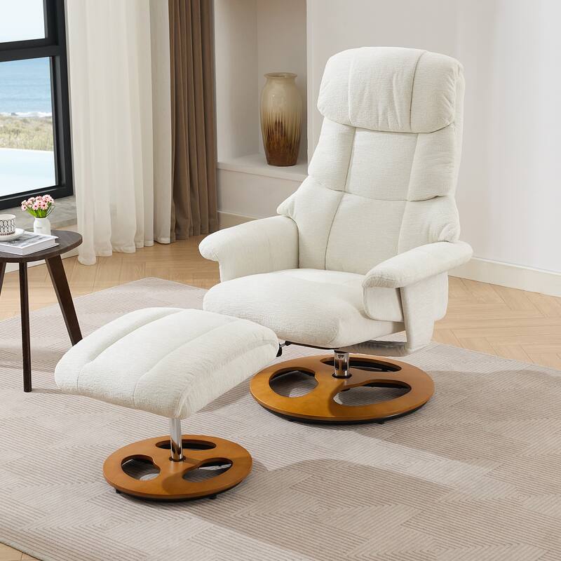 Recliner Chair with Ottoman, 360° Swivel Lounge Chair with Footstool, Chenille Fabric, Seat Heating & 140° Adjustable Backrest - White