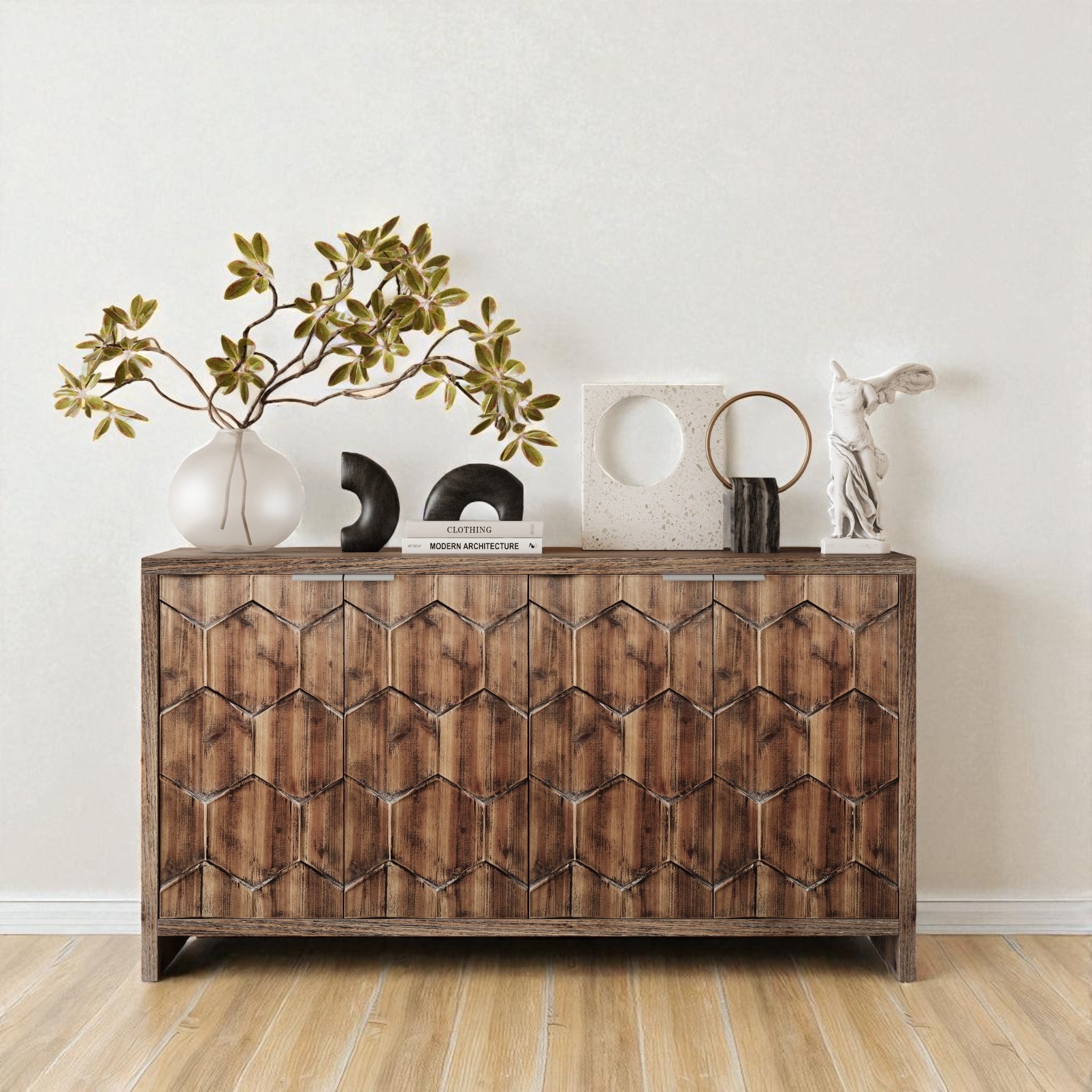 Farmhouse Style 4-Door Wooden Sideboard Buffet Cabinet with Adjustable Shelves and Metal Handles.