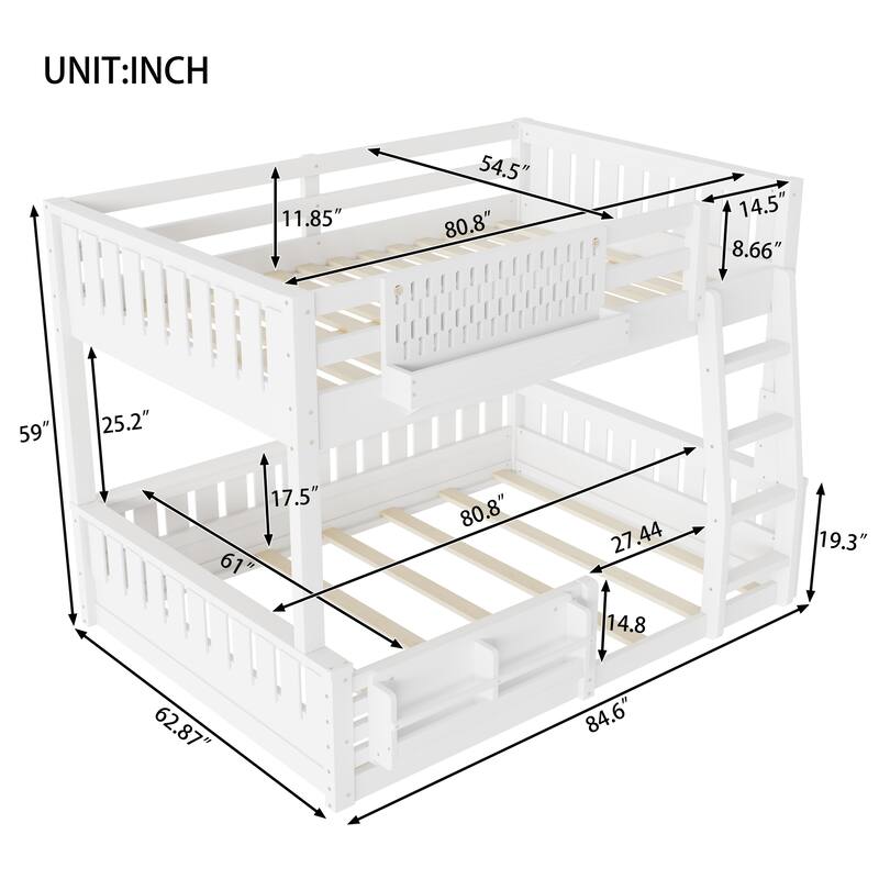 Wooden Bunk Bed of 3 Kinds Size with Pegboard, Bookshelf and Guardrails, Detachable Bunk Bed Convertible 2 Platform Beds