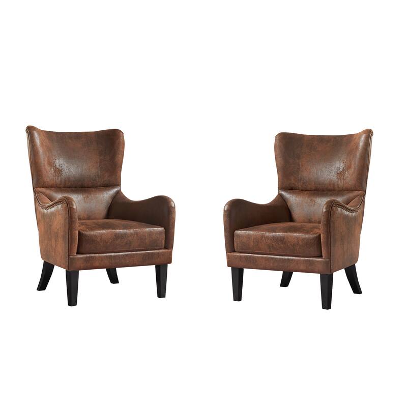 2-Piece Wingback Accent Chair Set, Upholstered High-Back Lounge Chairs with Wooden Legs, Armchair for Living Room