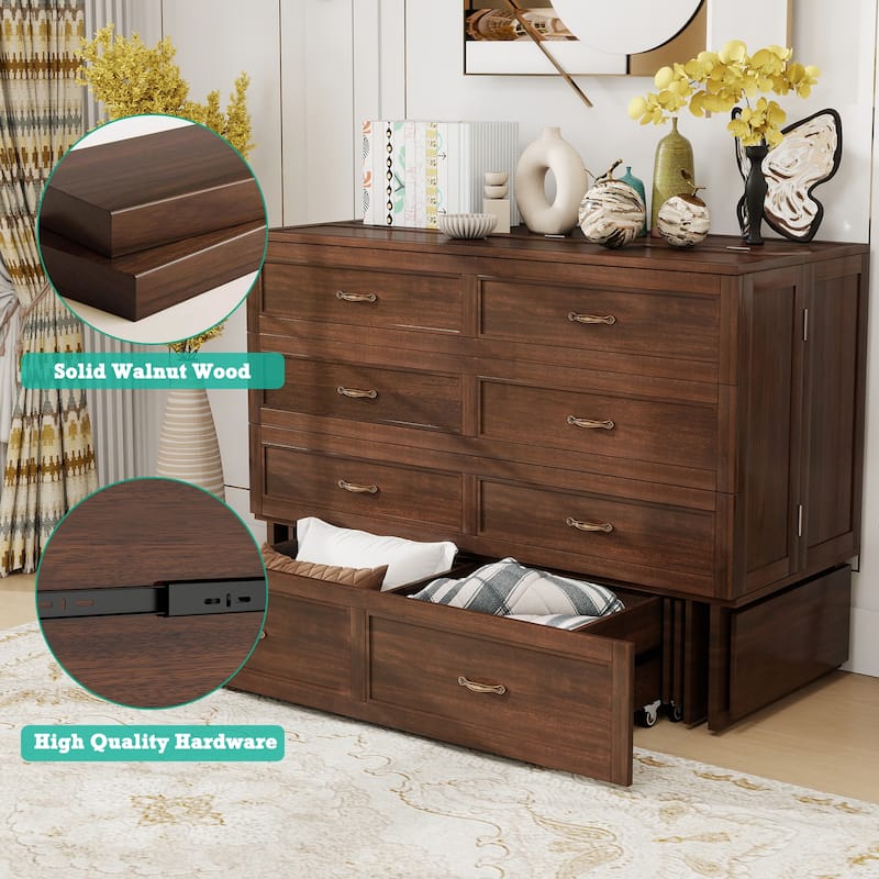 Solid Wood Murphy Bed Full Size with Storage | Space Saving Walnut Cabinet Bed with Easy Pull-Out Mechanism for Bedroom