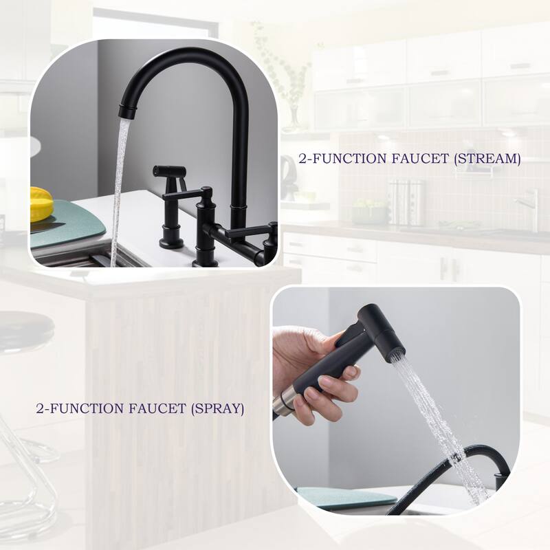 Farmhouse 2-Handle Bridge Gold/Black Kitchen Faucet with 28'' Side Sprayer in Stainless Steel & Brass