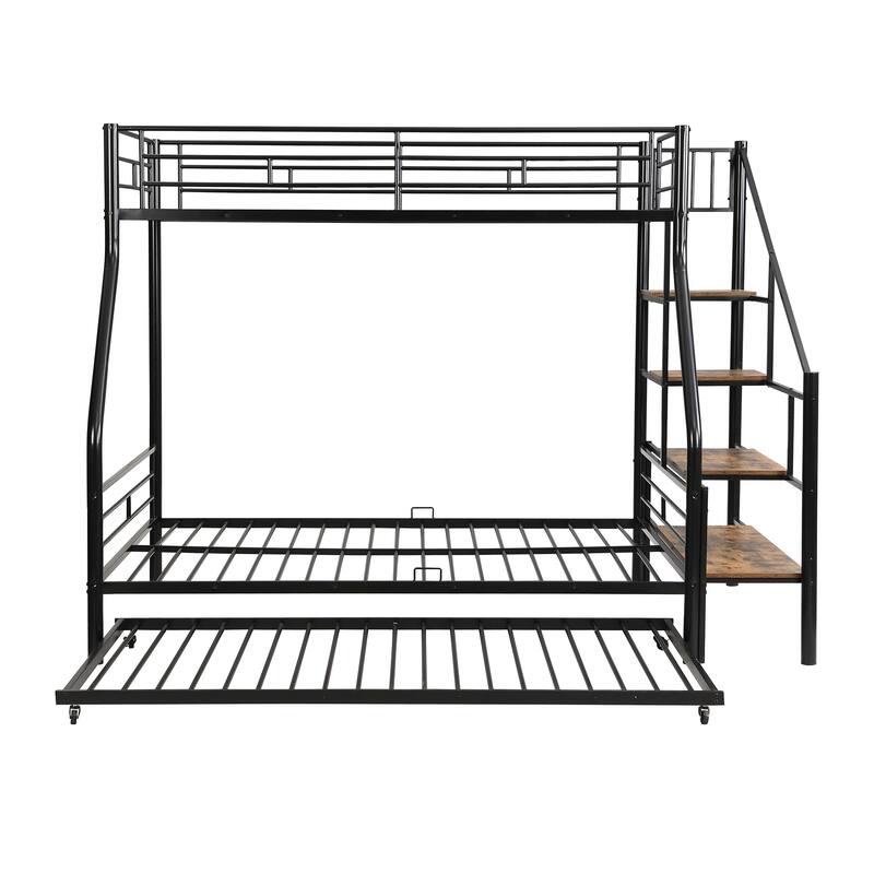Twin Over Full Size Metal Bunk Bed with Trundle & Storage Staircase, Bedroom Heavy Duty Bed Frame with Full-Length Guardrail