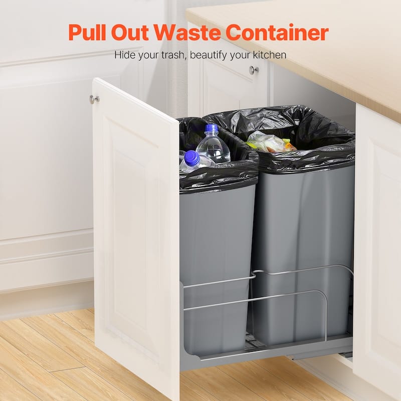Under Cabinet Pullout Trash Bin with Soft Close System and Dual Bins
