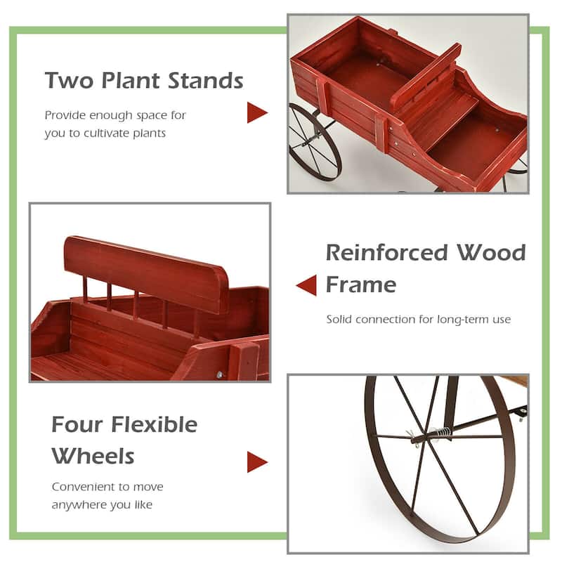 Gymax Garden Plant Planter Wooden Wagon Planter W/ Wheel Garden Yard - 24.5'' x 13.5'' x 24''