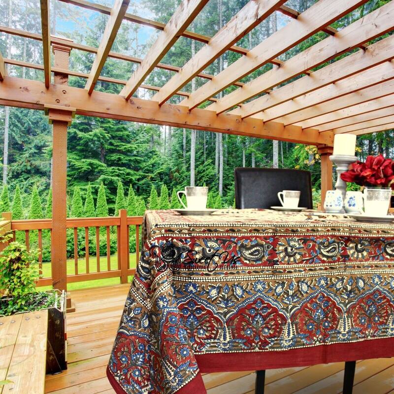 Block Print Floral Paisley Elephant Tablecloth Rectangle - 88 x 102 In - Beige Red