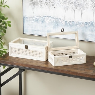 Cream Metal Handmade Woven Storage Decorative Box with Bronze Latches and Tempered Glass Tops (Set of 2) - 9"W x 14"L x 5"H