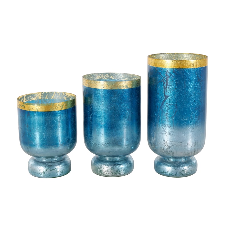 Glass Pillar Hurricane Lamp with Ombre Effect and Gold Interior - Set of 3 Silver, White, Blue - Roche River Decor
