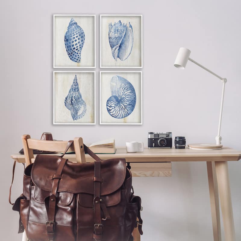 Stupell Blue Seashells on Beige Framed Giclee Art Design By Susan Arnot (Set of 4)