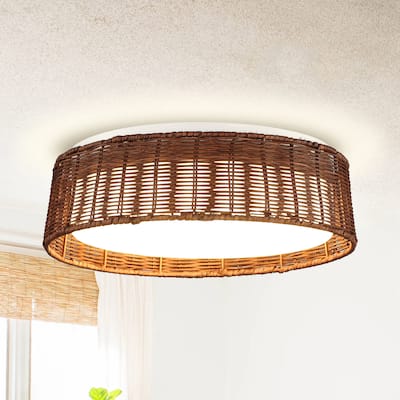 16.5" Farmhouse Rattan LED Flush Mount Ceiling Light