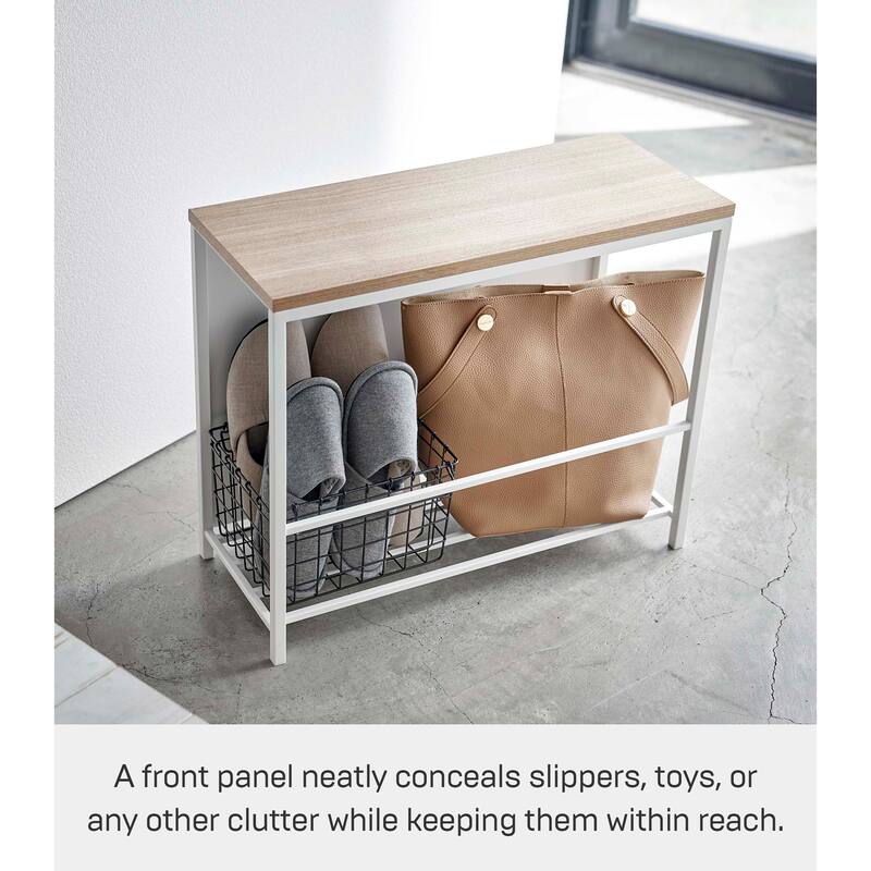 Yamazaki Home Entryway Storage Organizer and Bench, Steel and Wood - L 9.84 x W 23.62 x H 17.72 inches