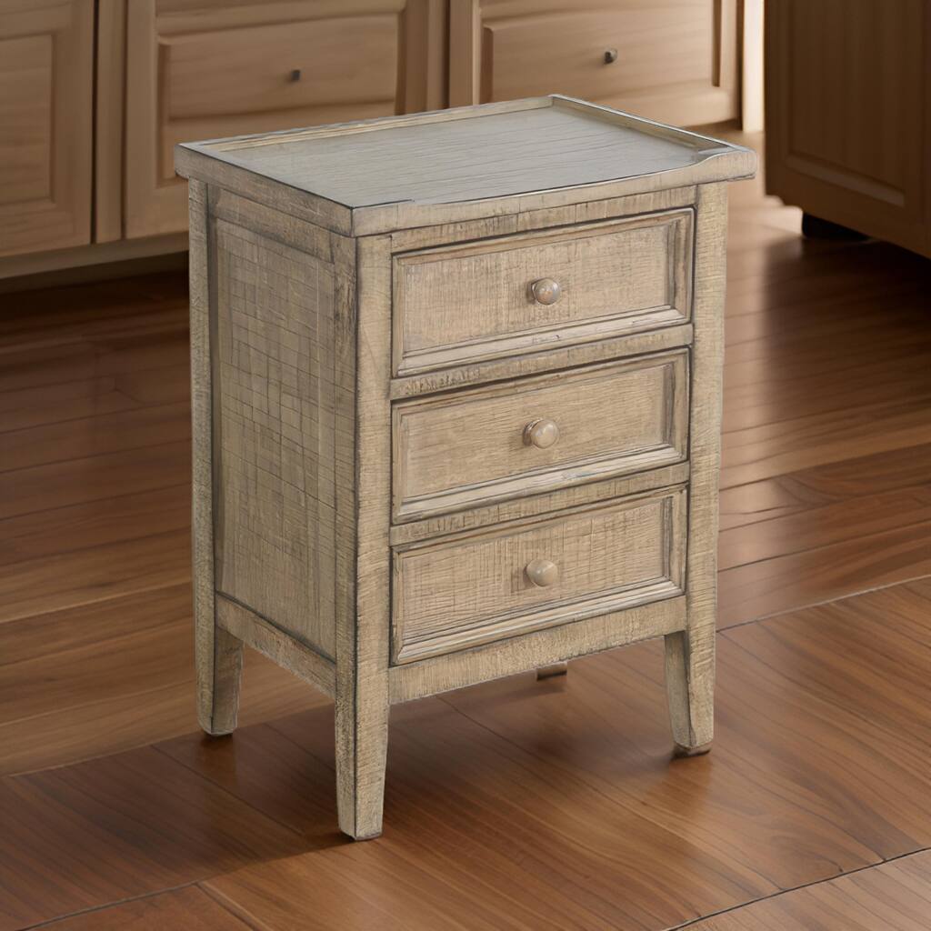 Rena Side End Table | 3 Drawers with Round Knobs | 19" Distressed Pebble Brown Mahogany Wood